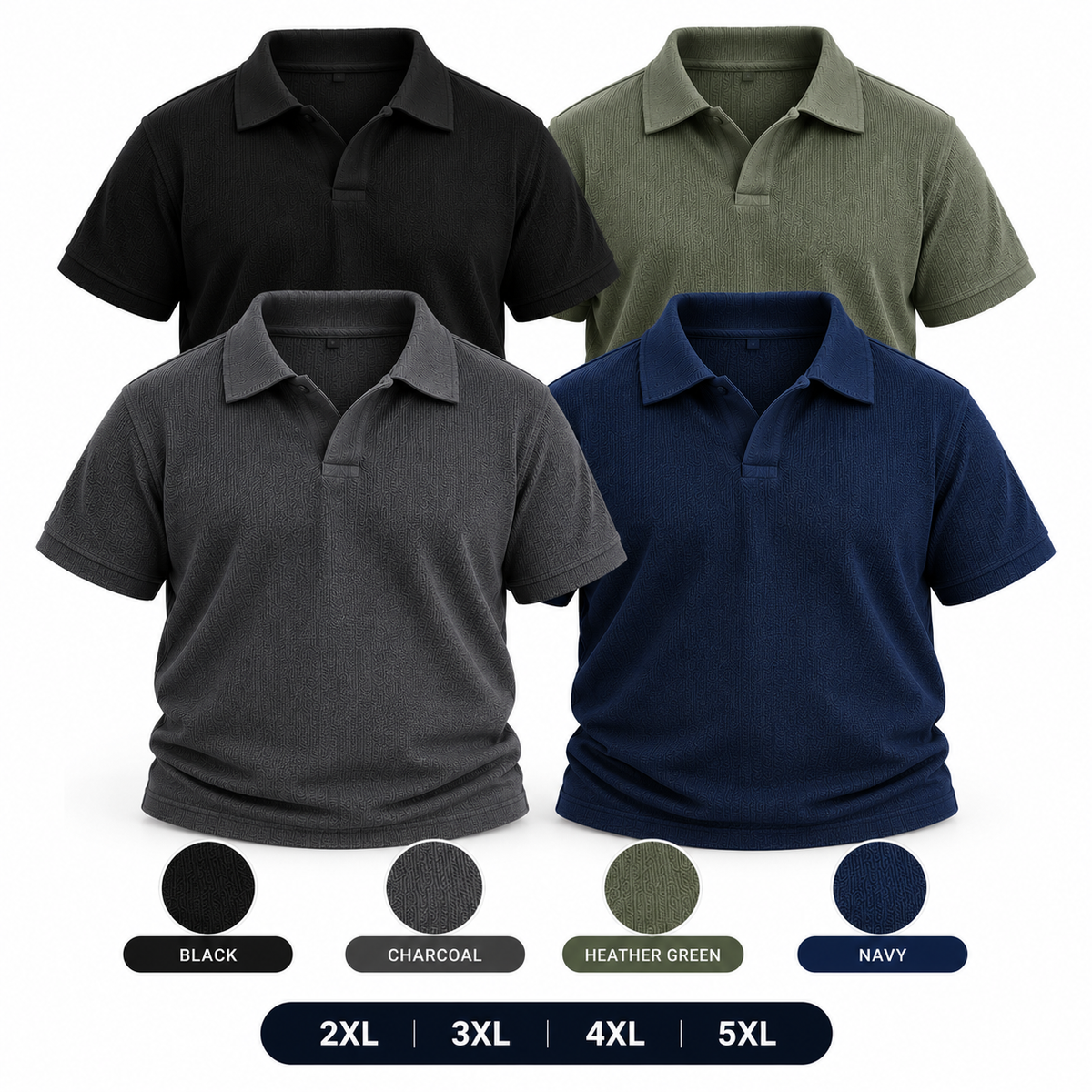 Pack of 4 Thermal Textured Polo - Black, Charcoal, Navy Blue & Heather Green