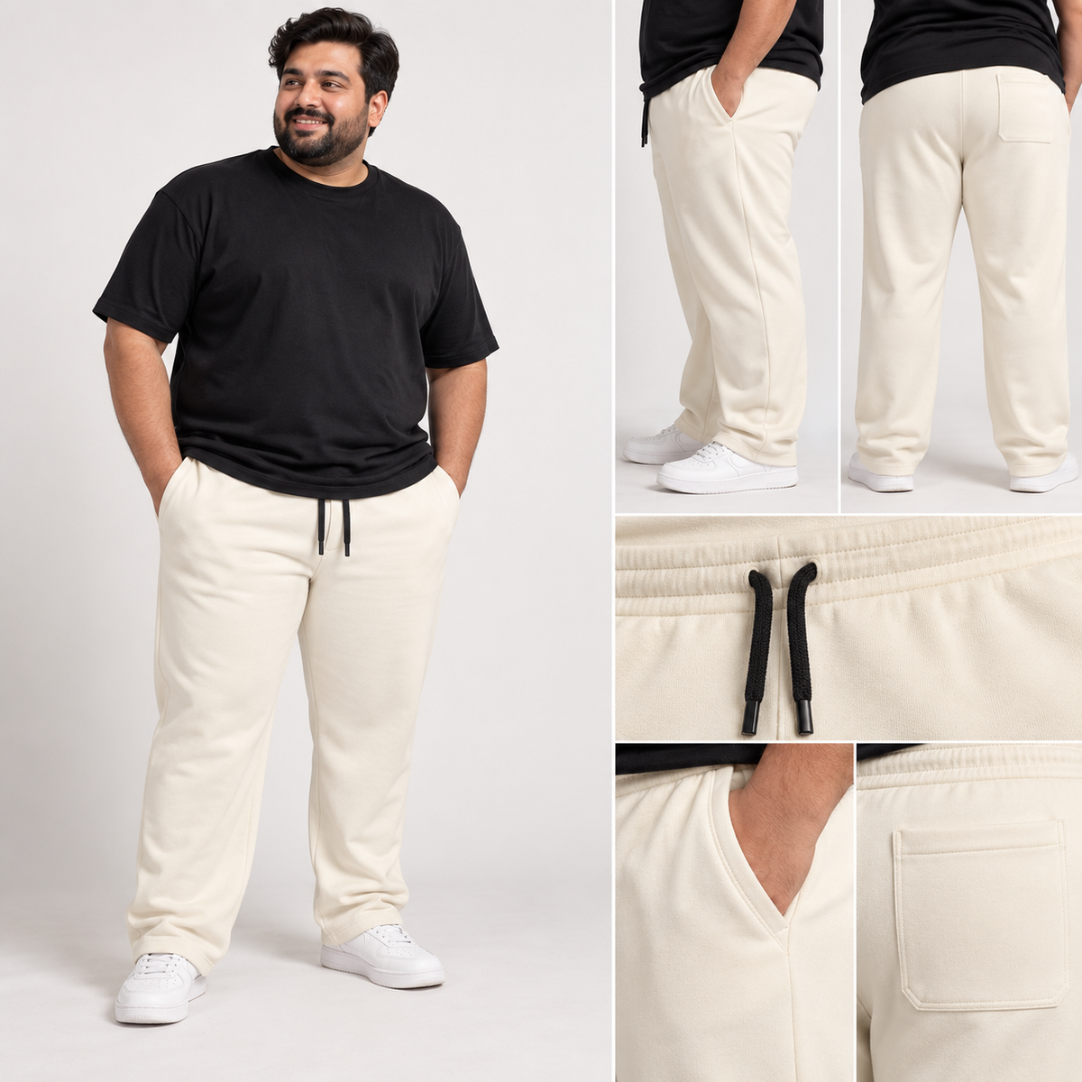 Plus Sized French Terry Trousers - Cream