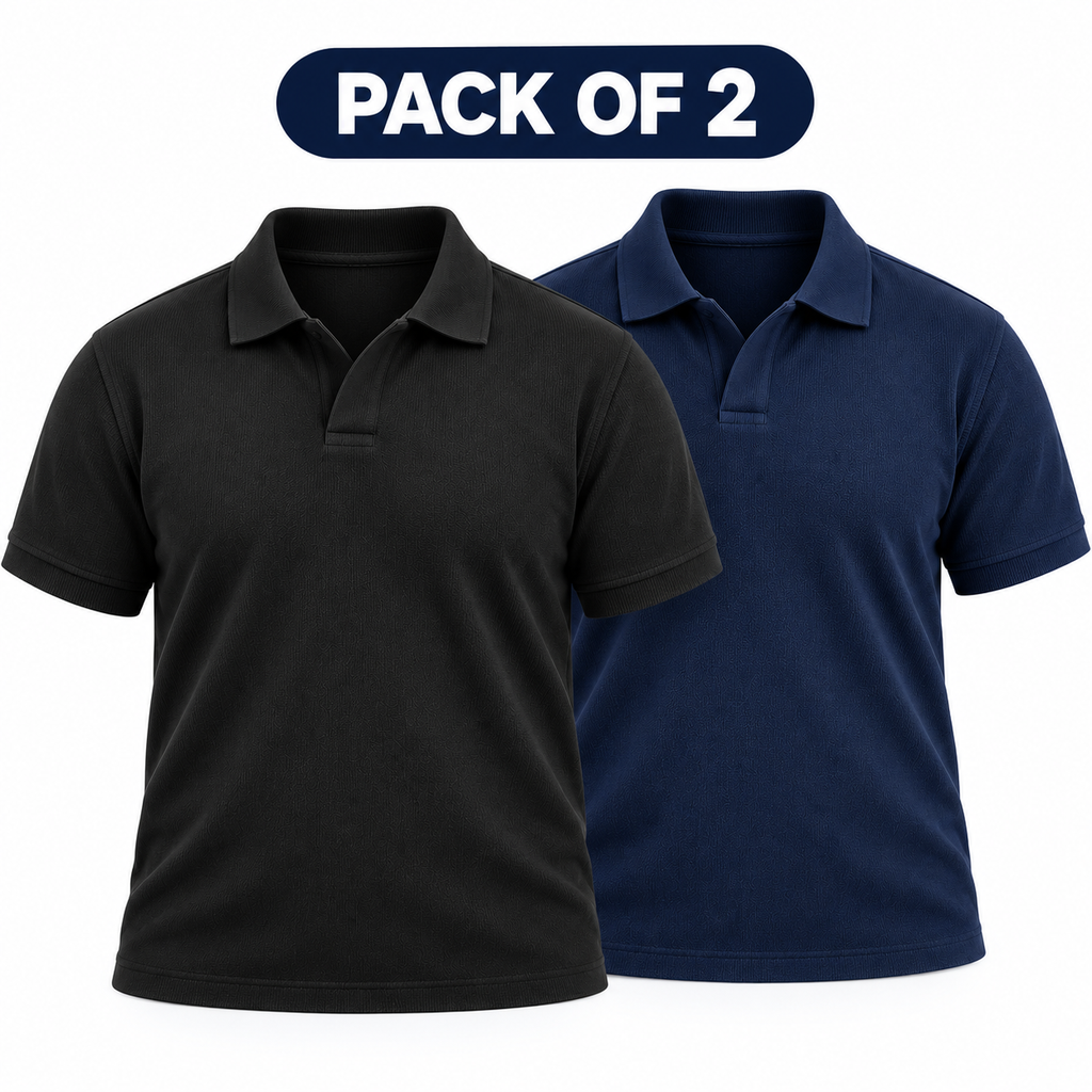 Pack of 2 Thermal Textured Polo - Black and Navy Blue