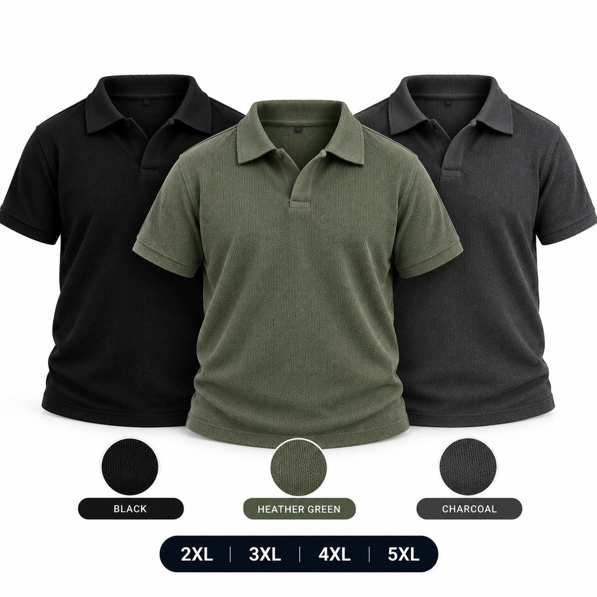Pack of 3 Thermal Textured Polo - Black, Charcoal & Heather Green